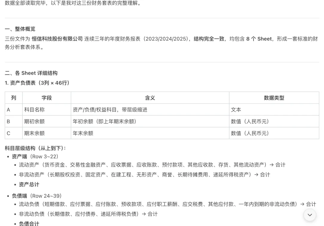 AI 对财务报表结构的理解结果